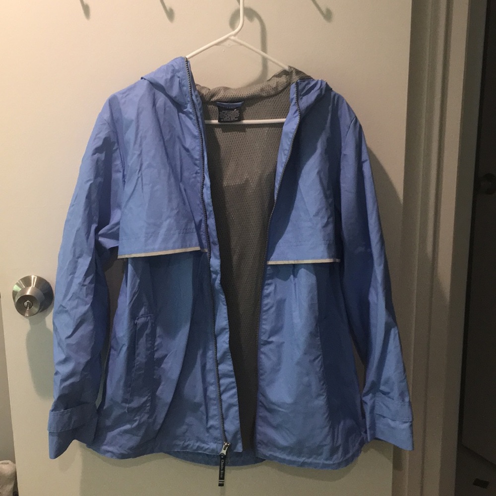 Lightweight blue reflective hooded rain jacket